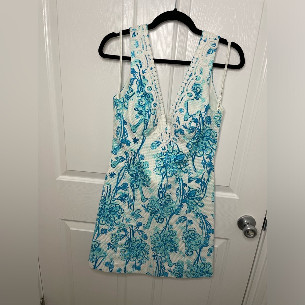 Lilly Pulitzer Back it Up Brynn White Dress with Turquoise Blue Floral Print